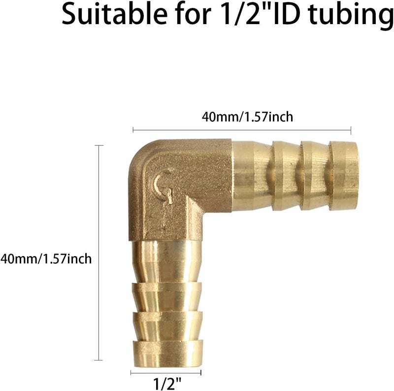 AUXBC 2Pcs 1/2Inch 90 Degree Brass Hose Barb, L Right Angle Brass Barb Elbow Connector Fitting with 4Pcs Hose Clamps for Fuel, Air, Water, Oil, Gas(12mm) - Image 2
